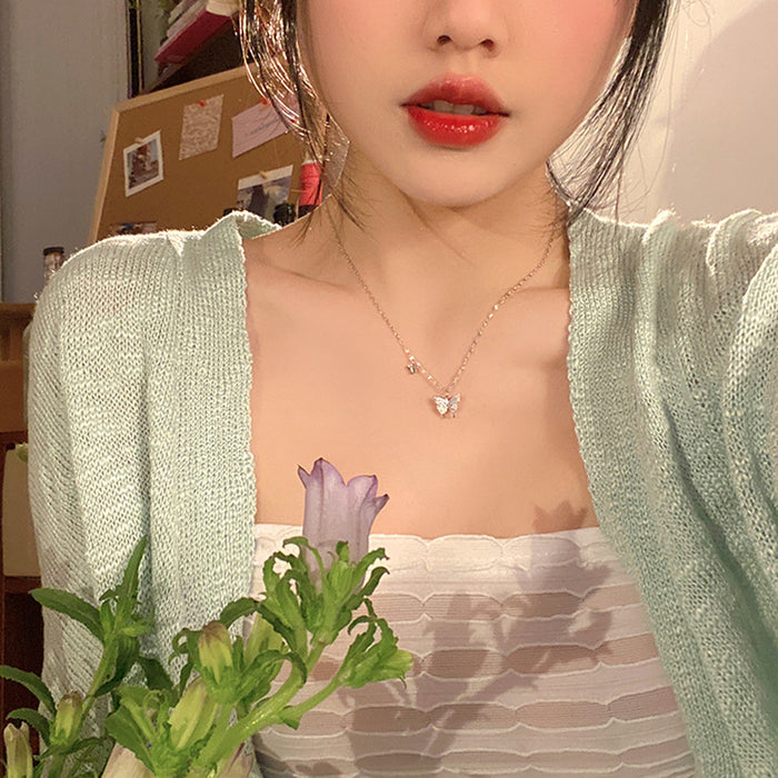 Wholesale Sparkling diamond butterfly necklace with niche design, light luxury butterfly collarbone chain, micro inlaid zircon collarbone chain