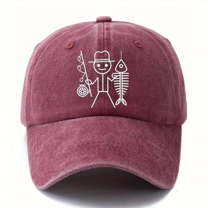 Wholesale Fun Fishing Stick Figure Fishbone Print Washed Baseball Cap Summer Sun Hat
