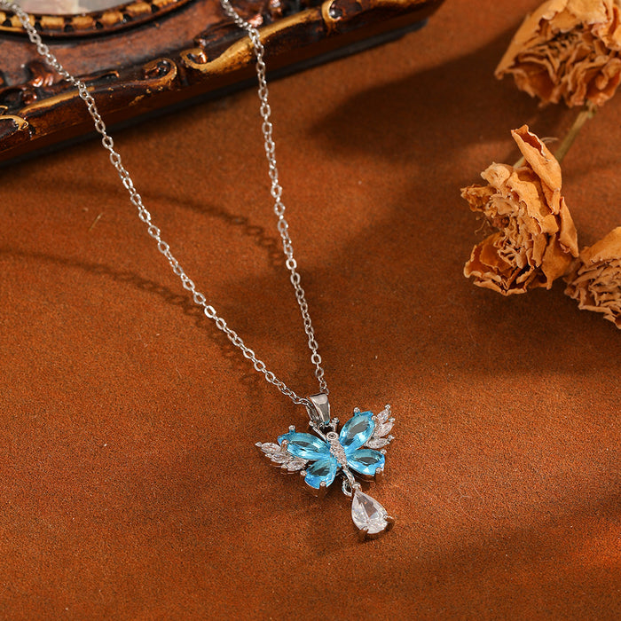 Wholesale Titanium Steel Butterfly Pendant Necklace with Pearl and Crystal Accents - Trendy Jewelry Accessory