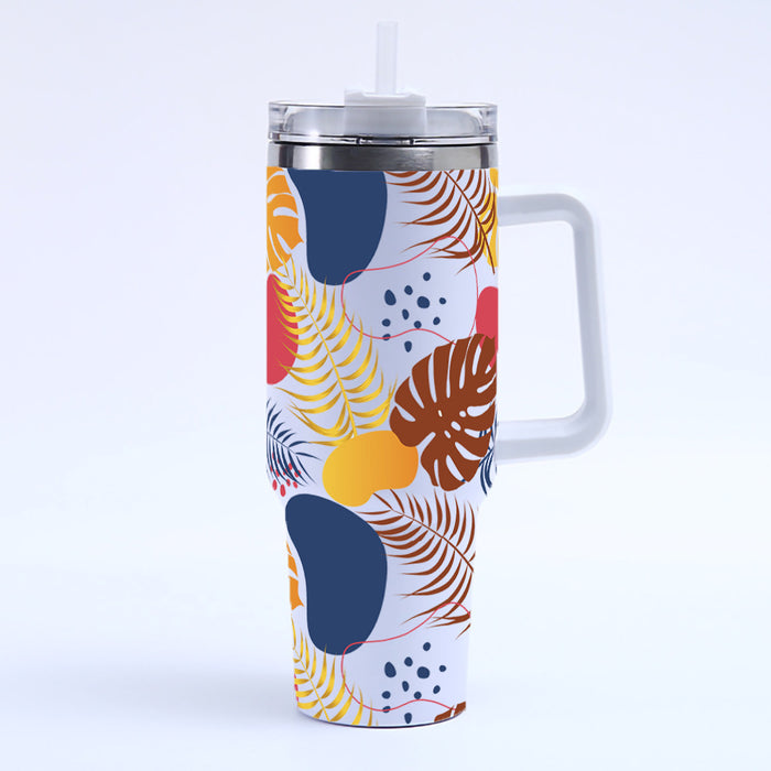 Wholesale Amazon Cross-Border 40oz Tropical Leaf Ice Cup Stainless Steel Thermal Insulation Car Cup Large Capacity with Handle