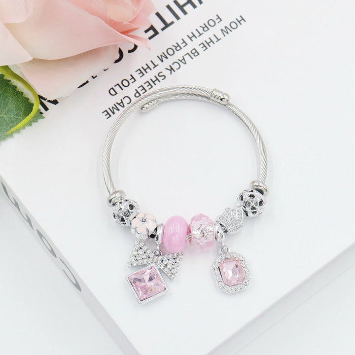 Wholesale Bow Pendant Beaded Bracelet Black Stainless Steel Adjustable Jewelry Accessory