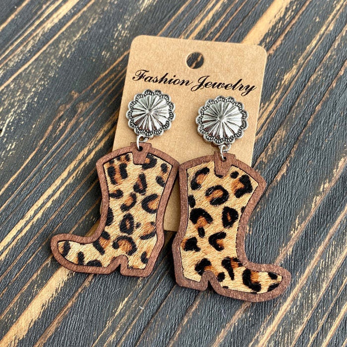 Wholesale Western Denim boots earrings classic leopard leather inlaid wood texture earrings
