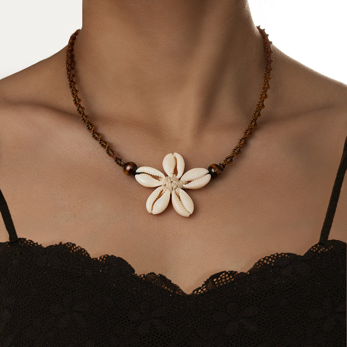 Wholesale Vacation style shell weaving flower wood bead rope weaving adjustable necklace accessories