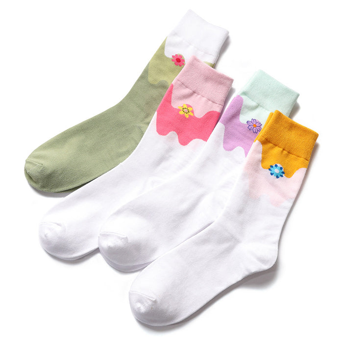 Wholesale Color blocked design with a minimalist mid tube cotton socks, fresh and thin women's socks