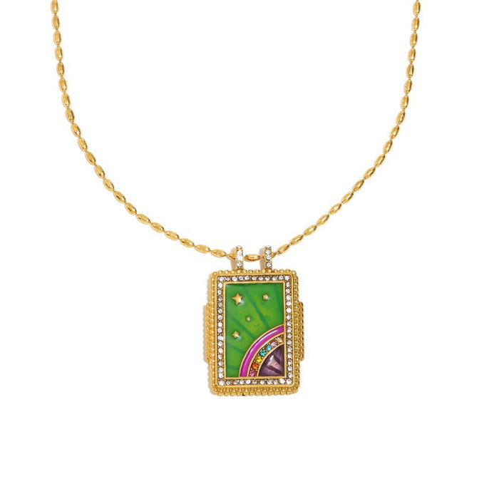 Wholesale Stainless steel jewelry trendy gold plated tarot card square pendant with dripping oil round flower necklace