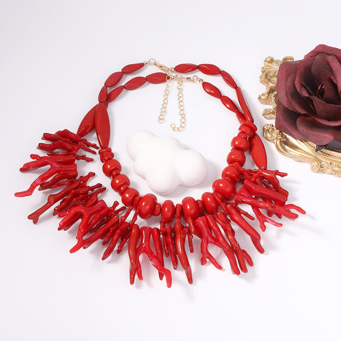 Wholesale Bohemian necklace Red Coral Irregular Geometry Two-piece Necklace