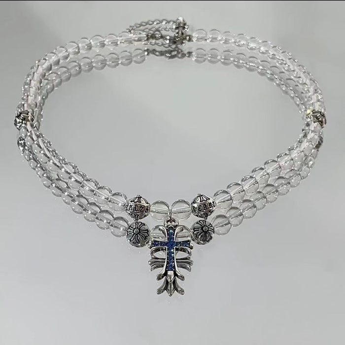 Wholesale Transparent bead blue cross pendant necklace, niche, light luxury design, collarbone chain