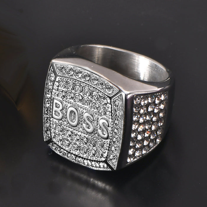 Wholesale HIPHOP titanium steel electroplating rhinestone square BOSS letter men' s ring