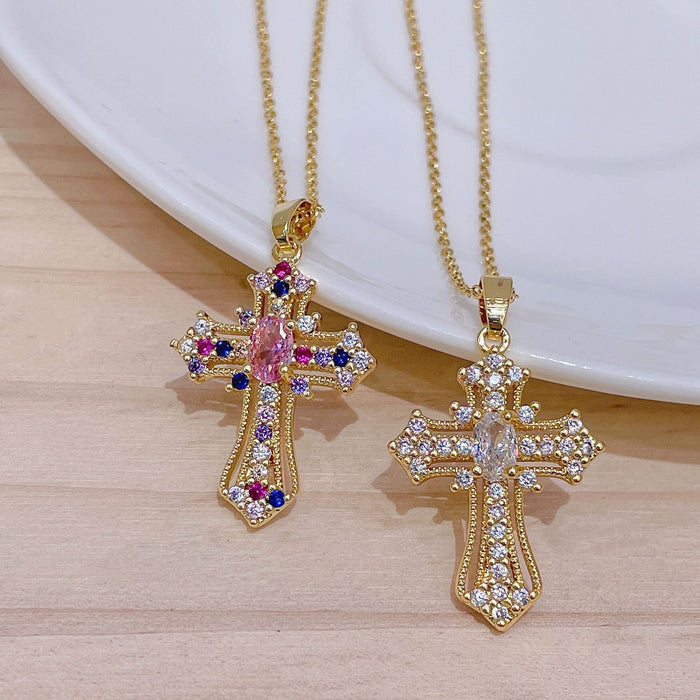 Wholesale Copper Inlaid Zircon Cross Pendant Necklace JDC-NE-ShangY035