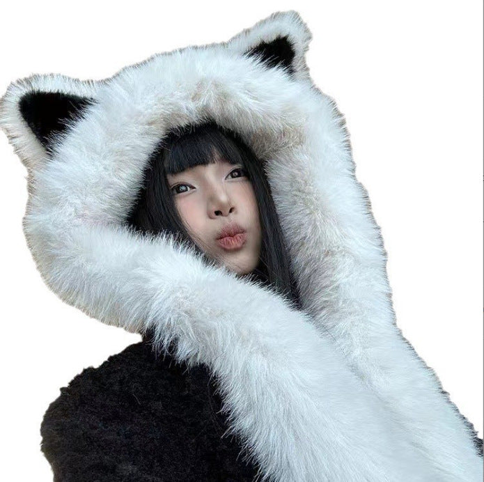 Wholesale Thickened anti cold plush fox ear hat, women's winter scarf in one new style for warmth