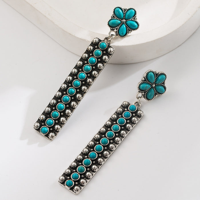 Wholesale Inlaid Turquoise Long Pendant Earrings Retro Western Ethnic Style Niche High-end Elegant Earrings