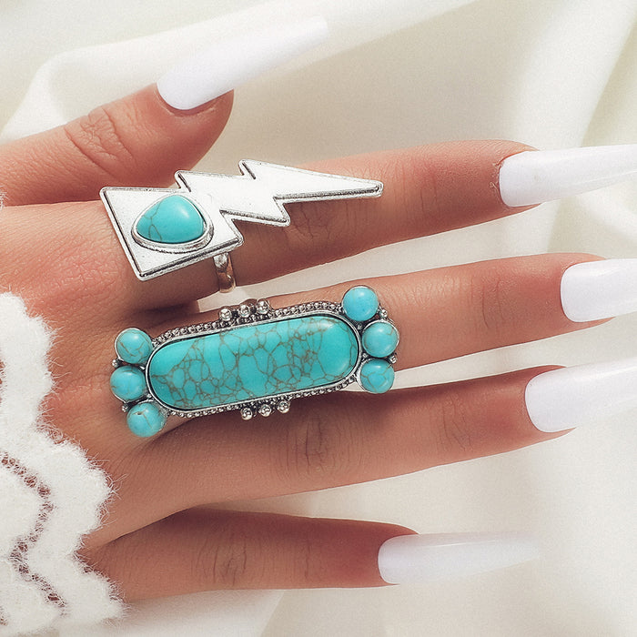 Wholesale Ethnic Style Retro Turquoise Carved Feather Ring Fashionable and Personalized 8-Piece Combination Ring Set