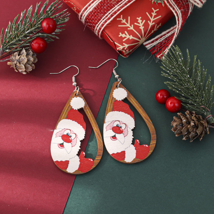 Wholesale Cartoon Christmas element printed wooden earrings for women Christmas tree earrings