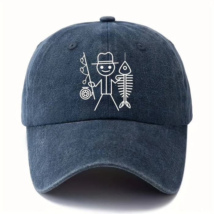 Wholesale Fun Fishing Stick Figure Fishbone Print Washed Baseball Cap Summer Sun Hat