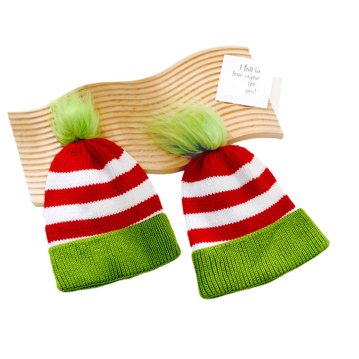 Wholesale Children' s Christmas Knitted Hat Red and Green Striped Fur Ball Knitted Hat