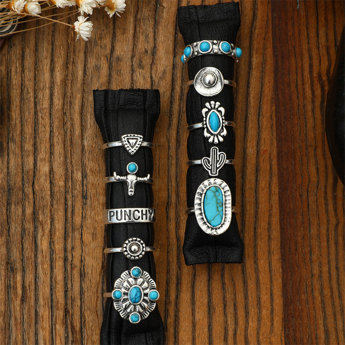 Wholesale Retro Bohemian turquoise cactus carved multi-piece suit ring