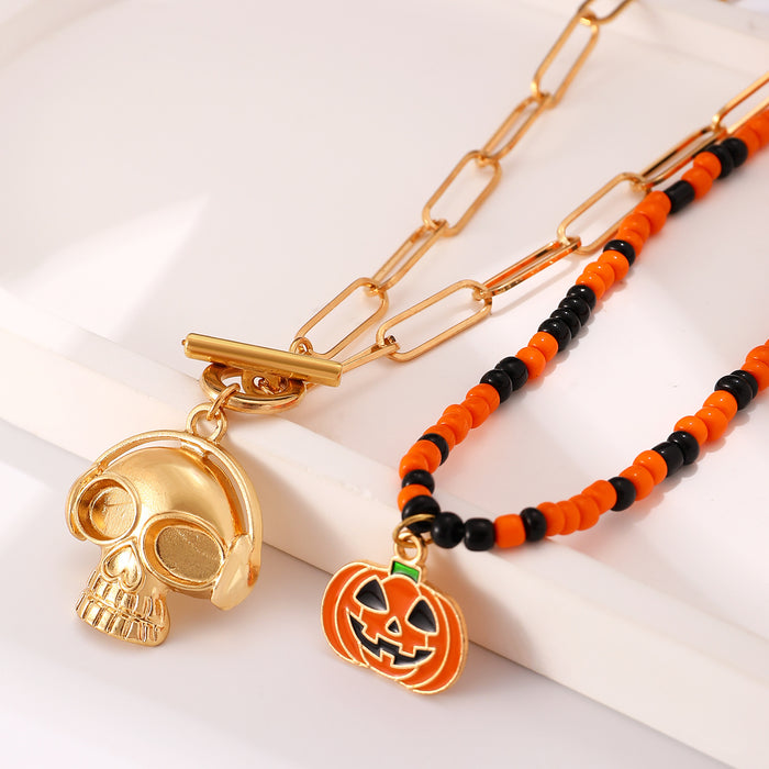 Wholesale Gothic  Skull Rice Bead Necklace Pumpkin Skull  Dark Wind Skull Pendant