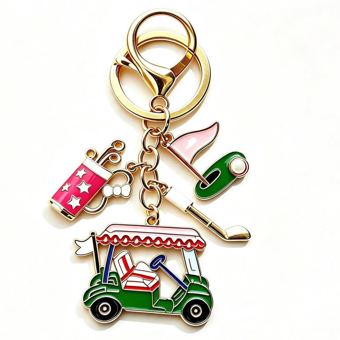 Wholesale Golf Themed Keychain With Rhinestone Pearl Accent Gold Metal Key Ring Fashion Car Key Accessory Everyday Gift For Resale