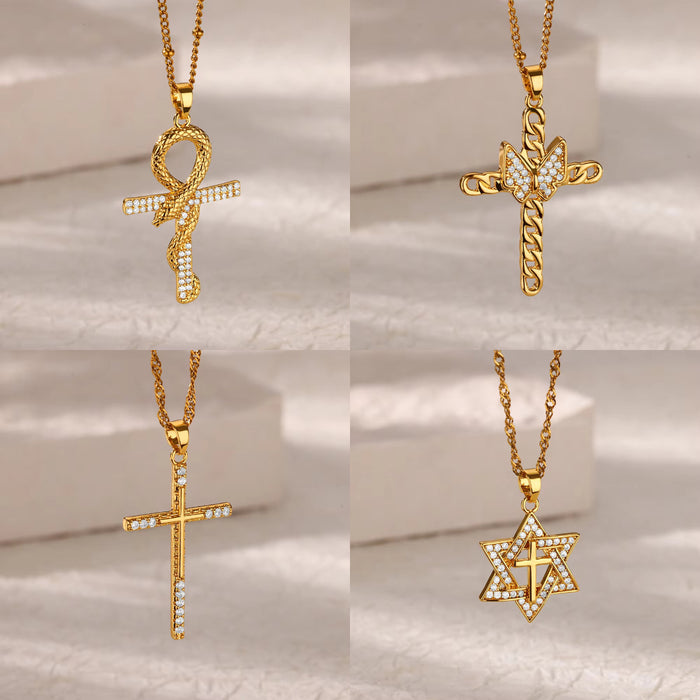 Wholesale Copper Micro-Paved Zircon Fashion Cross Pendant Women' s Necklace