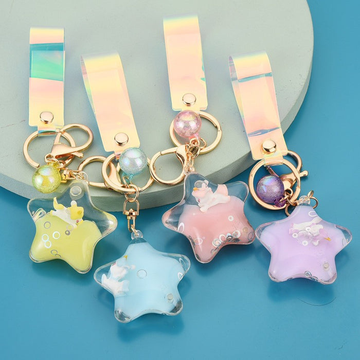 Wholesale Acrylic Oil Filled Five-pointed Star Unicorn Keychain JDC-KC-WoA045