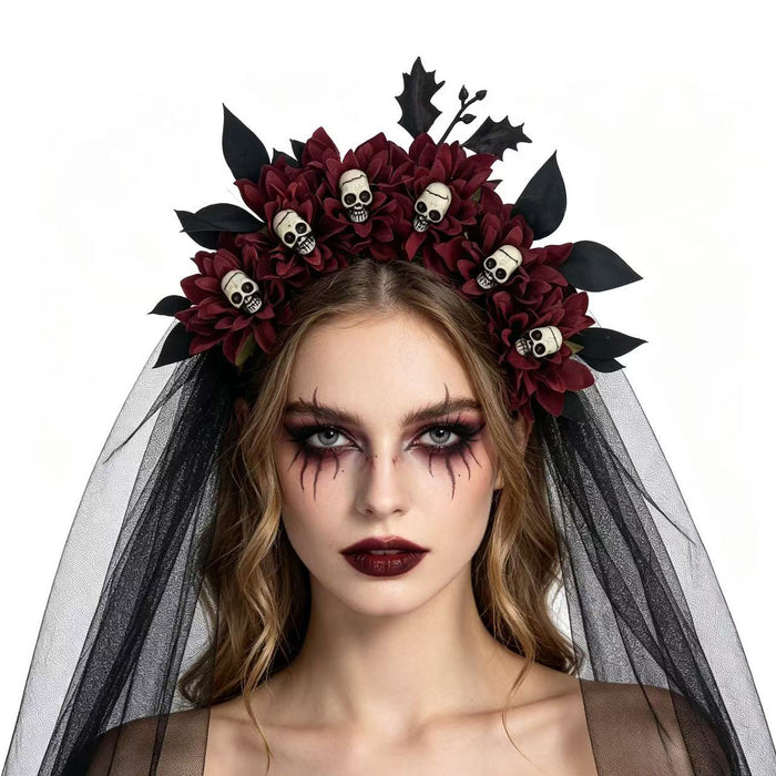 Wholesale Dark Style  Witch Mesh Headband With Skull Buckle And Faux Flower For Party Costume Accessory Resale
