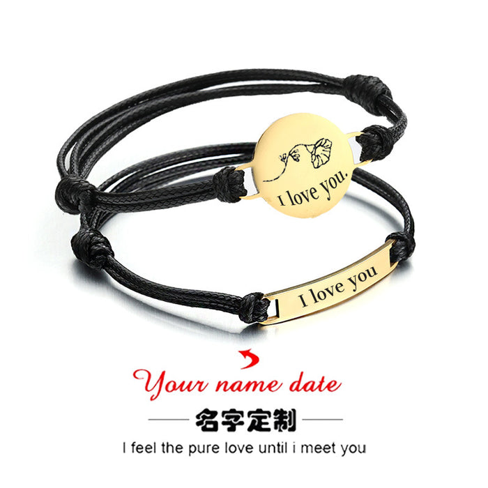 Wholesale Adjustable engraving mirror polished titanium steel disc leather rope woven bracelet stainless steel wax rope hand decoration engraving