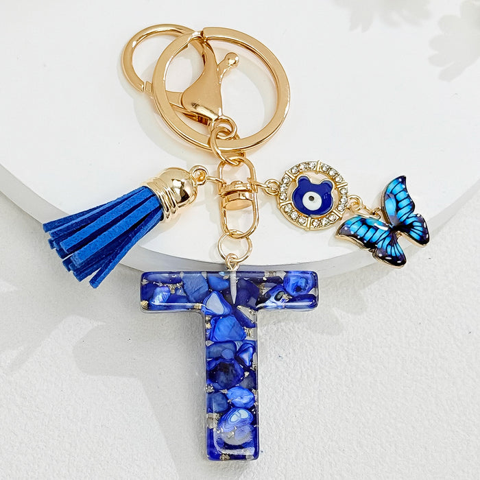 Wholesale Royal Blue 26 Letter Keychain with Evil Eye Butterfly Tassel Pendant