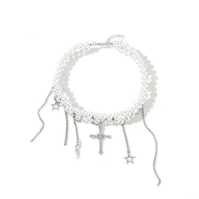 Wholesale  Imitation Pearl Star Tassel Necklace Advanced Sense Cross Necklace Chain