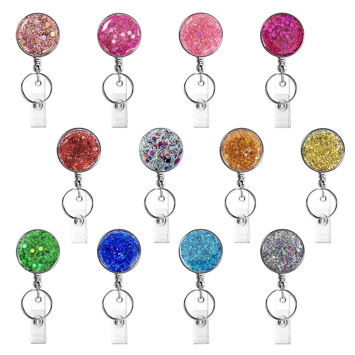 Wholesale UV Electroplated Resin Glitter Sequins Epoxy Badge Reel Retractable Keychain JDC-KC-QiDing013