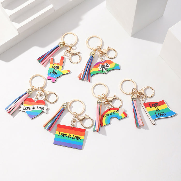 Wholesale Pride Day Love Rainbow Tassel Wooden Keychain JDC-KC-RongRui017