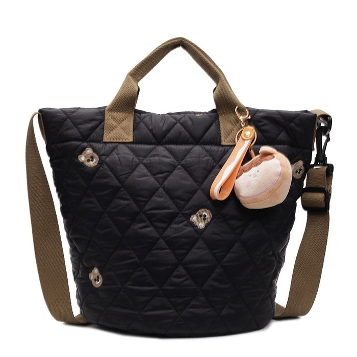 Wholesale Cute Bear Embroidered Large Capacity Portable Bucket Bag Autumn and Winter Rhombic Plaid Cotton-padded Suit Shoulder Bag Trendy Crossbody Bag