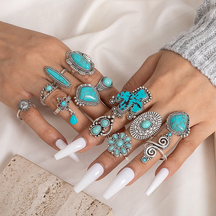 Wholesale Ethnic Style Retro Turquoise Carved Feather Ring Fashionable and Personalized 8-Piece Combination Ring Set