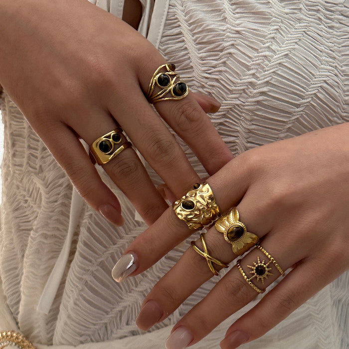 Wholesale Gold Plated Tiger Eye Stone Ring with Vintage Texture and Layered Beads