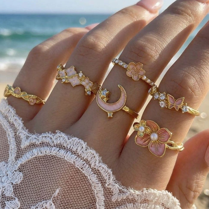 Wholesale Flower Pearl Ring Set – Fashion Accessory Dripping Oil Design MOQ≥5
