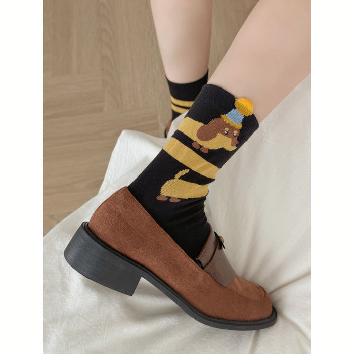 Wholesale Small dog embroidery, tube socks with folded edges, vertical stripes, stacked socks, cute and niche socks for children