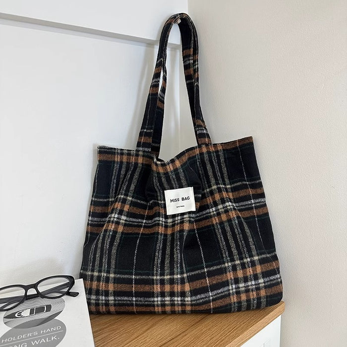 Wholesale Simple Woolen Handbag Large Capacity Classic Plaid Wool Shoulder Bag