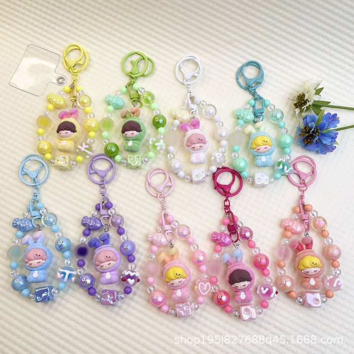 Wholesale Flocking sitting funny colorful beaded mobile phone chain keychain bag doll pendant accessories