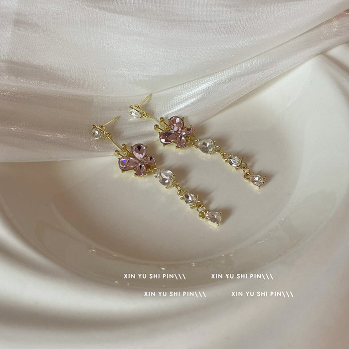 Wholesale Romantic and sweet zircon butterfly tassel earrings with diamond inlay, new niche design, exquisite and versatile ear accessories