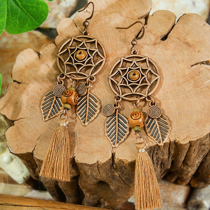 Wholesale Bohemian Dreamcatcher Tassel Earrings and Wooden Pendant Necklace Set