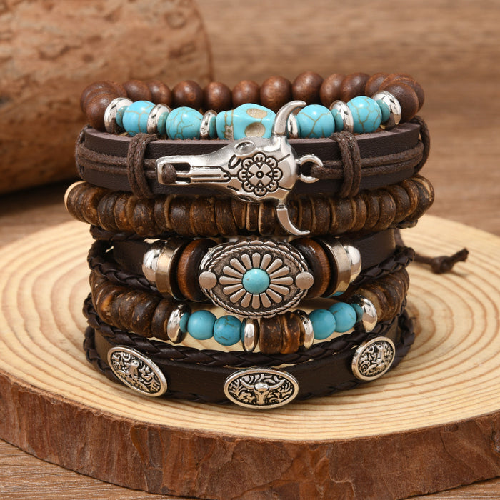 Wholesale Retro Braided Turquoise 6-Piece Leather Bracelet Set
