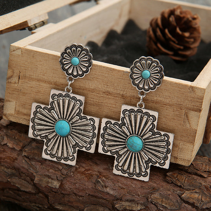 Wholesale Earrings Independent Station New Retro Turquoise Earrings Exaggerated Cross Carving Metal Earrings