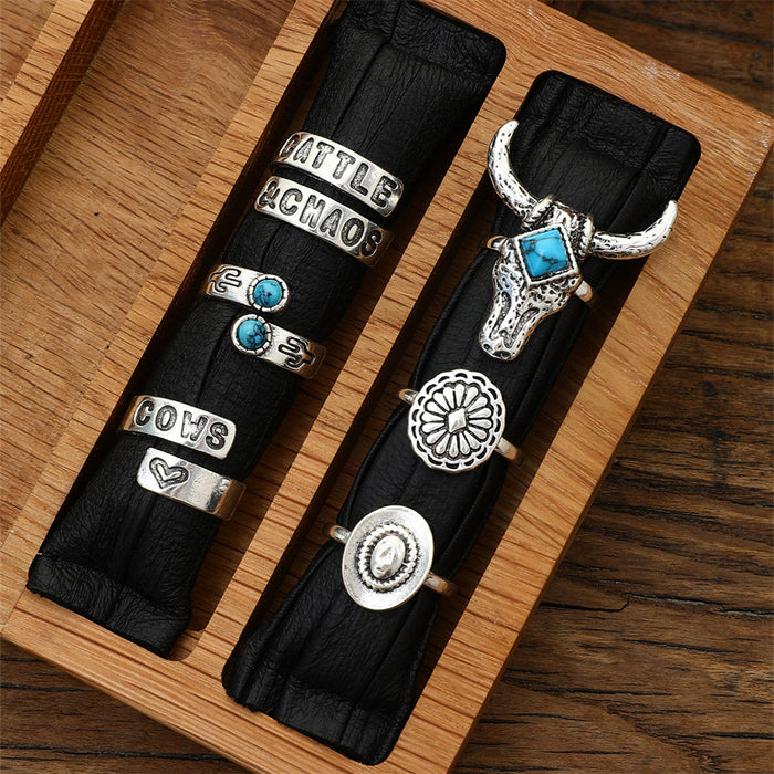 Wholesale bracelet Western Denim style retro turquoise cow head cactus multi-element fashion ring set