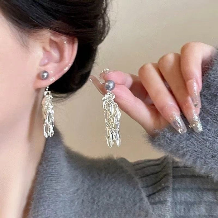 Wholesale Exaggerated Silver Long Metal Tassel Hoop Earrings