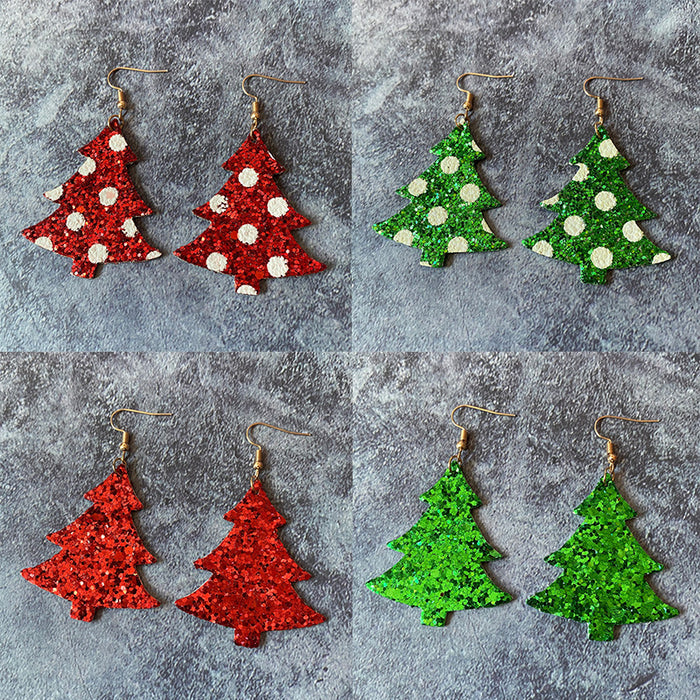 Wholesale Christmas leather earrings flash wave point double-sided Christmas tree shape earrings