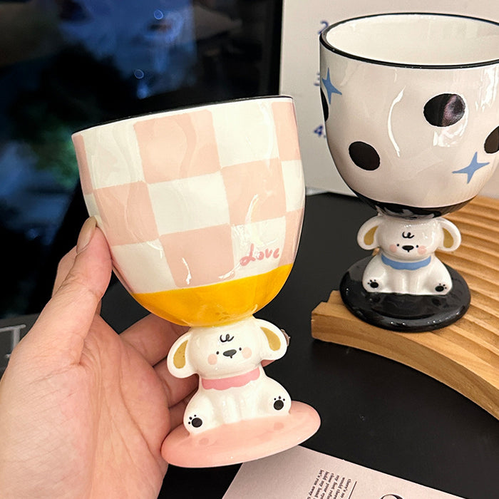 Wholesale Hand-painted puppy design pink polka dot ceramic mug with a tall base.