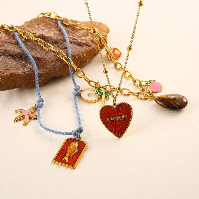Wholesale Original design color rope necklace paired with stainless steel heart-shaped oil drop pendant, personalized DIY accessory