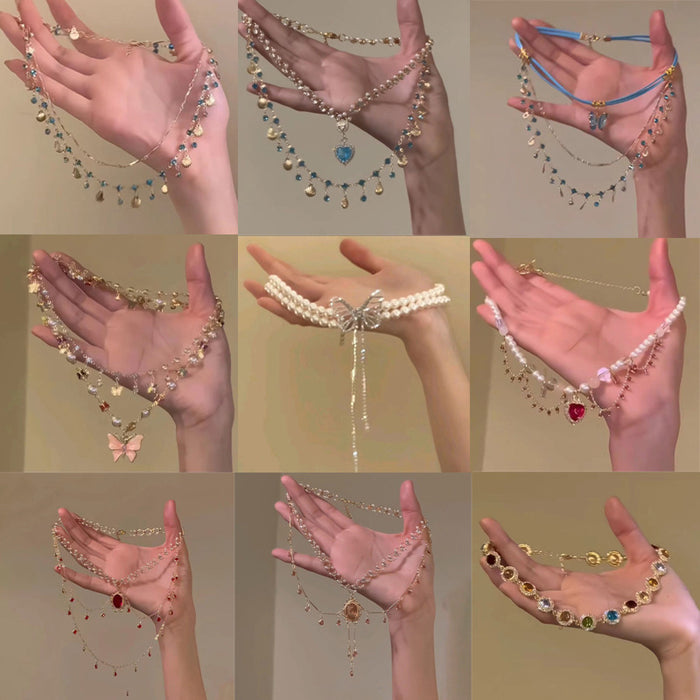 Wholesale Butterfly tassel necklace, double-layer layered versatile heart pendant, collarbone chain