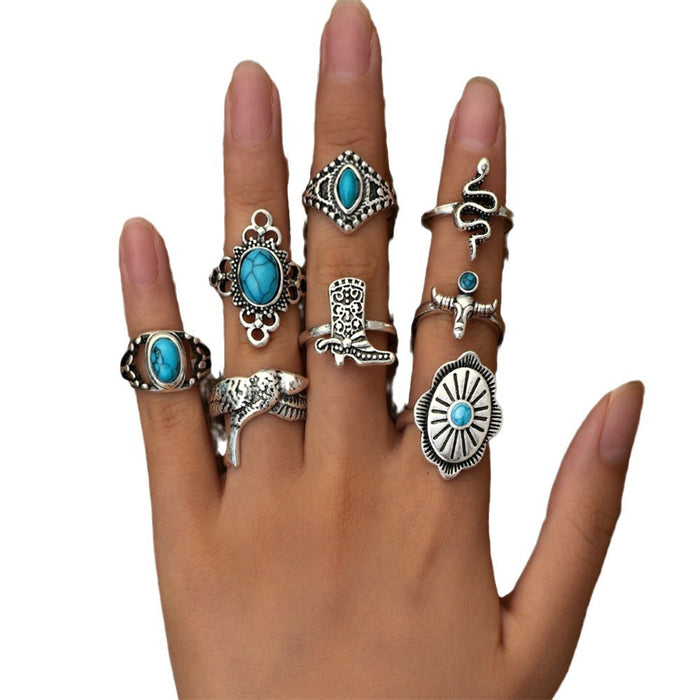 Wholesale Retro Bohemian turquoise cactus carved multi-piece suit ring