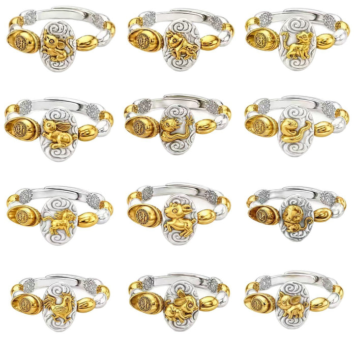Wholesale Chinese Zodiac Rat Adjustable Open Ring Seven Grain Retro Gold Plated Copper Unisex Jewelry Boutique Resale Gift