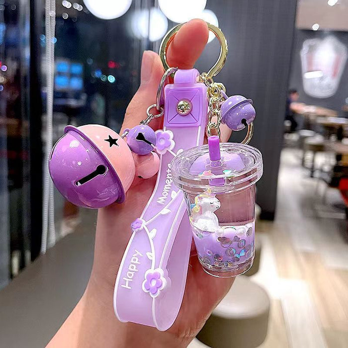 Wholesale Cute milk tea cup unicorn oil quicksand key chain rainbow horse bag hanging ornaments grab baby machine small gifts